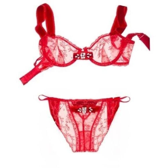 Victoria's Secret DESIGNER COLLECTION 32C,36C BRA SET+garter RED velvet Swarovsk - Picture 2 of 11